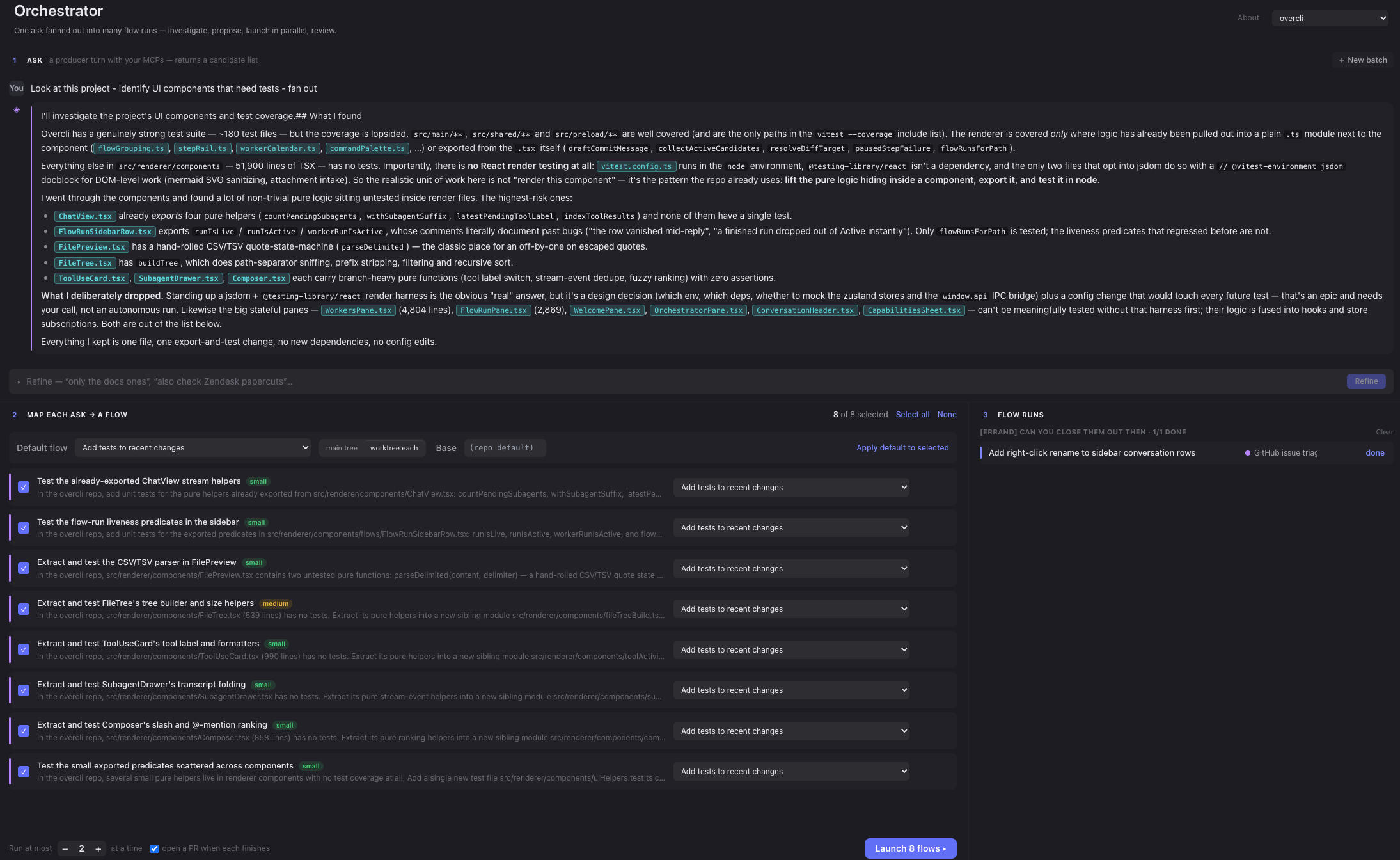 The Orchestrator tab in three numbered stages: a producer turn investigating the project's test coverage and reporting what it found and what it deliberately dropped; eight candidate asks, each sized small or medium and mapped to a flow; and a flow-runs panel. A footer sets the parallel cap to two and offers to open a PR when each finishes.
