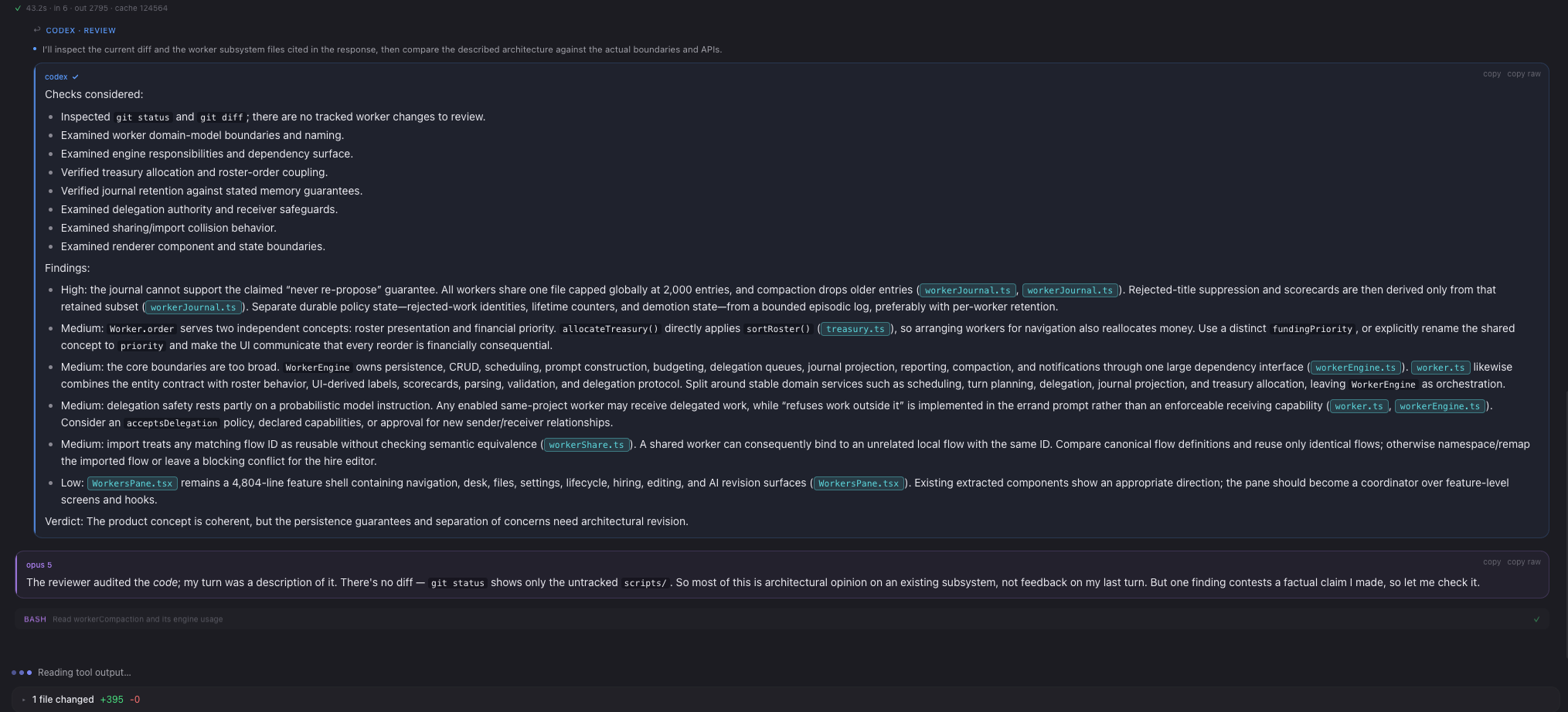 A rebound review in a conversation: a block headed CODEX REVIEW lists the checks it considered, then findings rated high, medium and low against the worker subsystem, ending in a verdict. Below it the original model replies, noting that one finding contests a factual claim it made and that it will go and check.